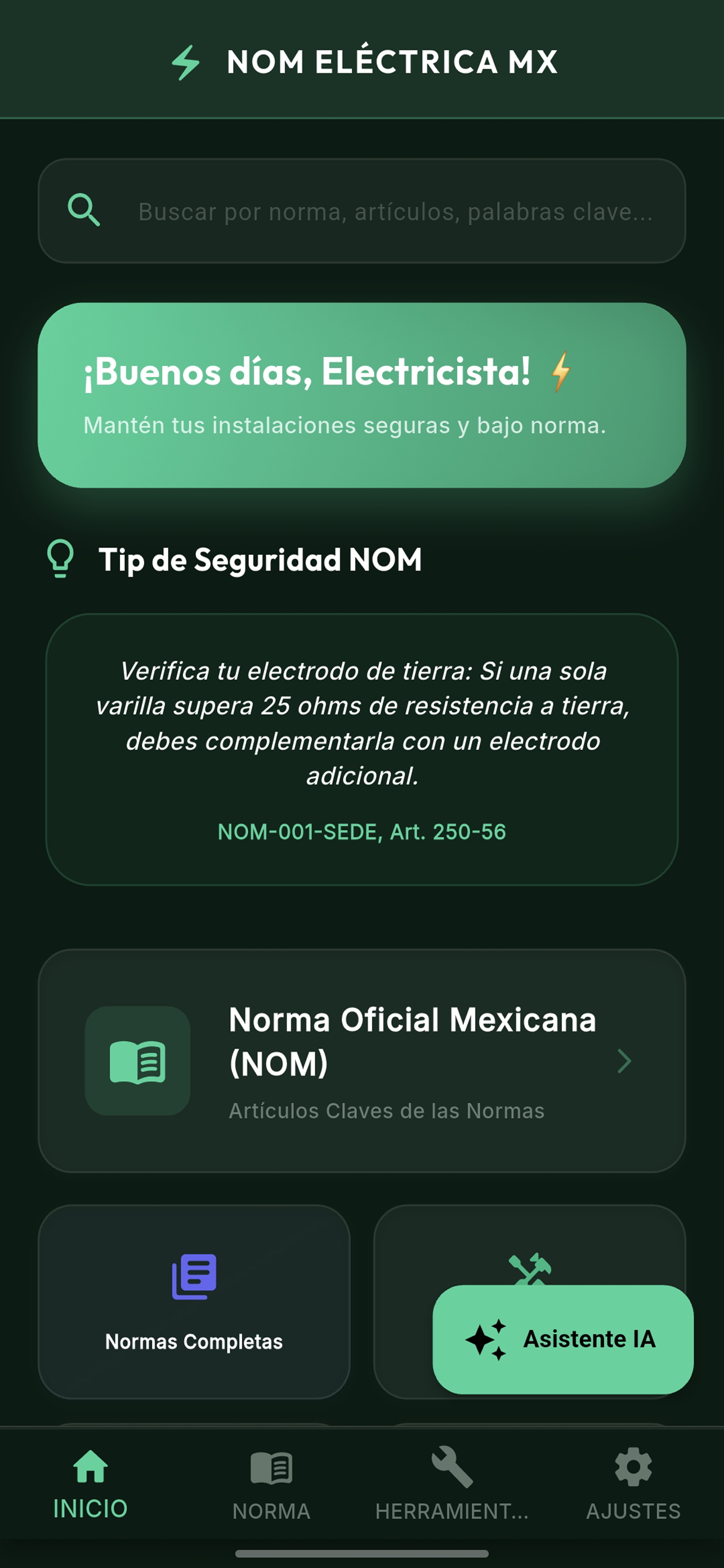 Pantalla principal de Electric NOM México